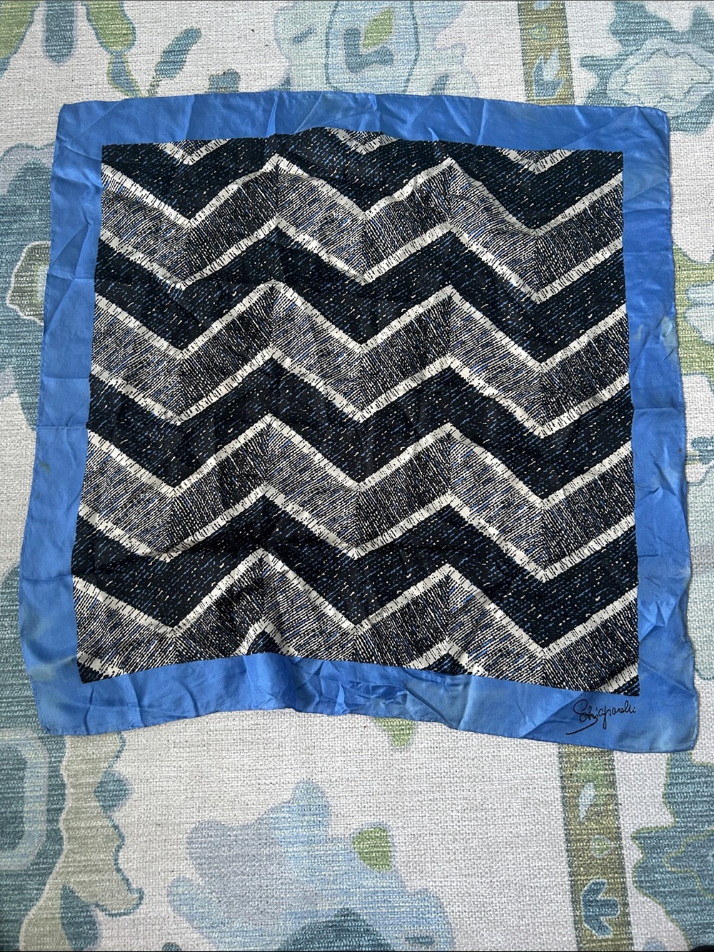 FLAWS Iconic Vtg Elsa Schiaparelli Silk Scarf 27" Large Chevron Mod Hand Rolled